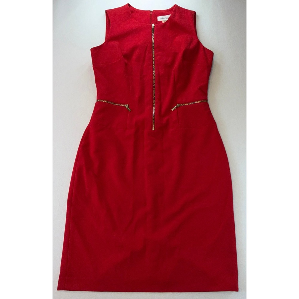 Calvin Klein Sheath Petite Dress Red Sleeveless Gold Zip Front Pocket Accents 4P